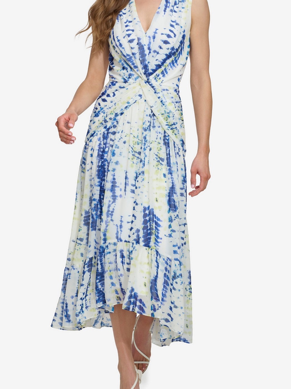 DKNY Blue/Green and White Tie-Dye V-Neck High-Low Midi Dress